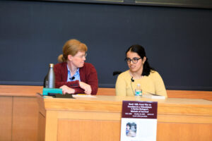 Bonnie Doherty and Nujeen Mustafa in conversation at HLS lecture.