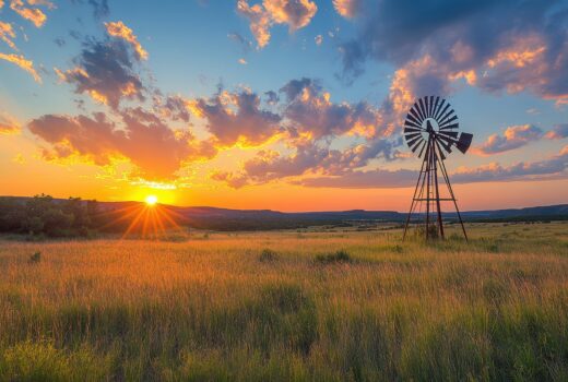 Windmill in field at evening, with beautiful clouds and sunset, located outside the city.