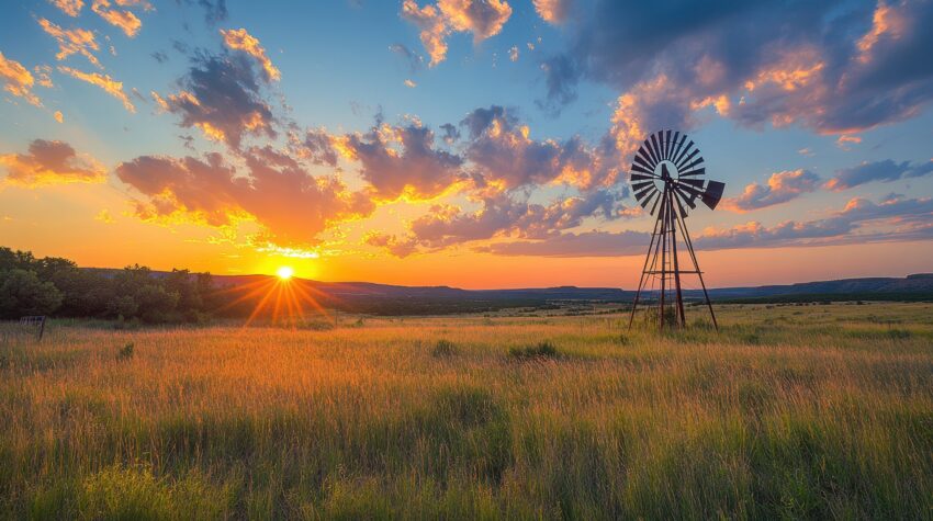Windmill in field at evening, with beautiful clouds and sunset, located outside the city.