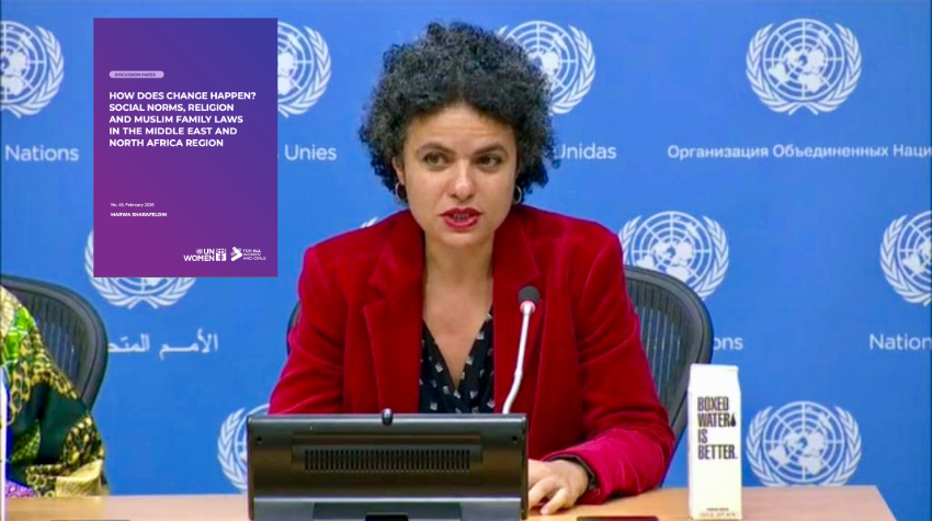 Photo of Marwa Sharafeldin and a thumbnail of the report How Does Change Happen