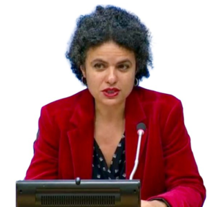 Marwa Sharafeldin speaking at podium