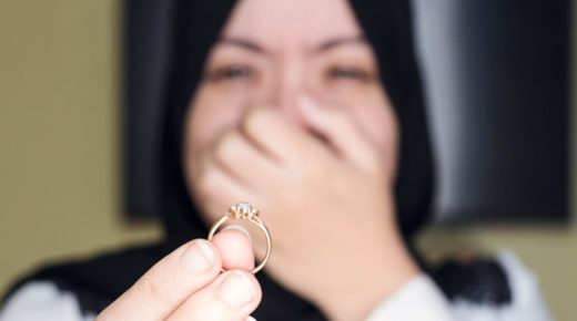 Muslim woman crying and returning wedding ring to her husband.