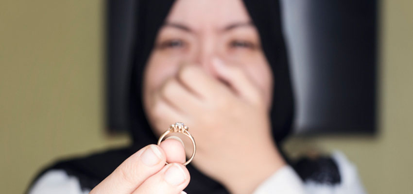 Muslim woman crying and returning wedding ring to her husband.