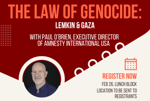 Poster for the event "the Law of Genocide" with Paul O'Brien.